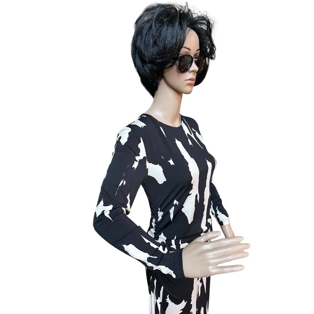 H&M Black and Cream Ruched Long Sleeve Dress, NWT, M